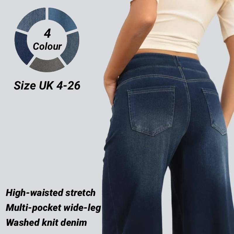 💥Discount Sale 55% Off🔥Women's High-Waisted Washed Baggy Wide-Leg Stretchy Knit Jeans with Multiple Pockets