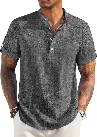 Men's Short-Sleeved Linen Cotton Casual Band Collar Shirt