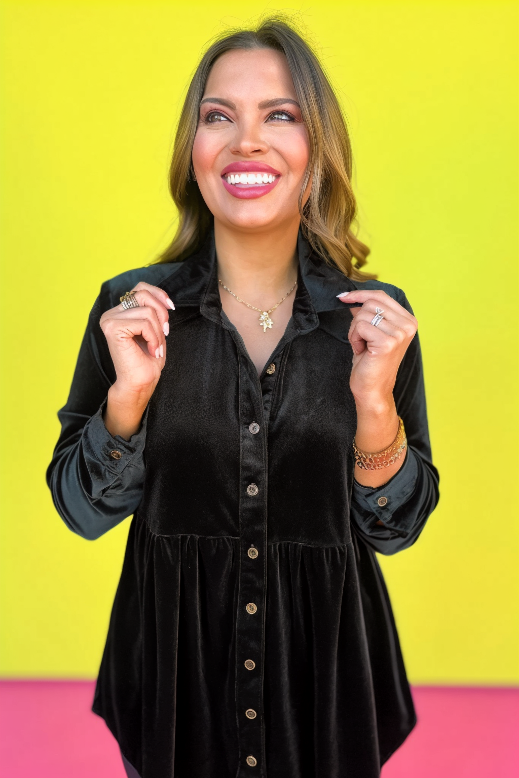 Evergreen Button Down Pleated High Low Tunic Velvet Top