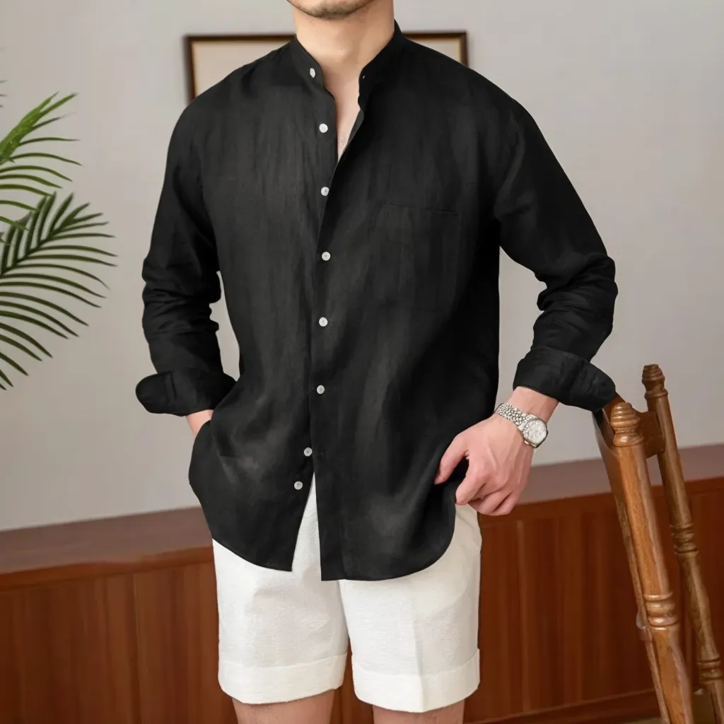 Casual Linen long-sleeved shirt versatile holiday stand-up collar shirt Henry Collar Top