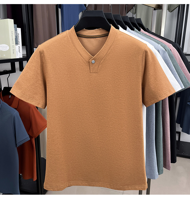 Business Henley Collar Top Short-Sleeved V-Neck Shirt