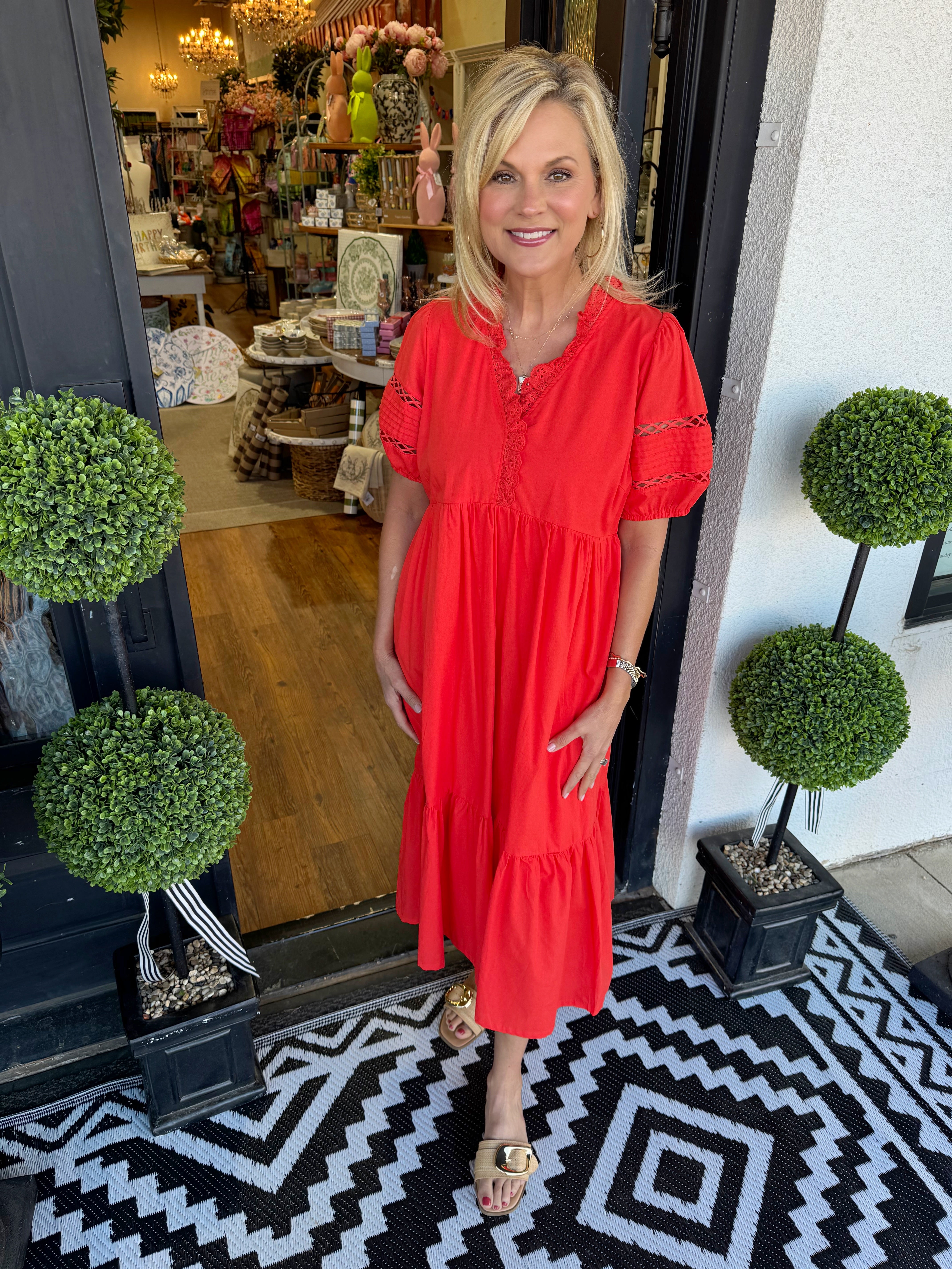 Solid Color Lace Detail Midi Dress