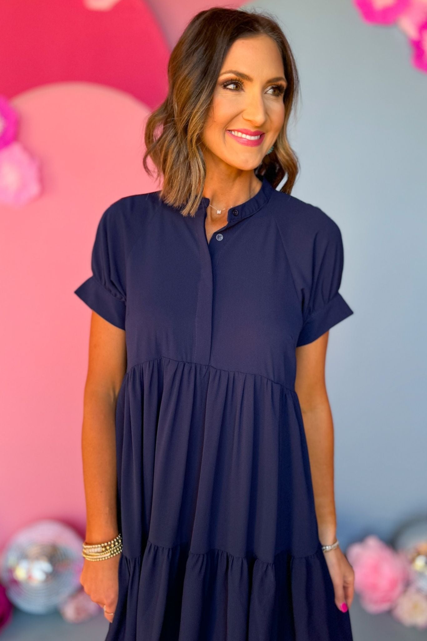 Button Front Tiered Short Sleeve Maxi Dress