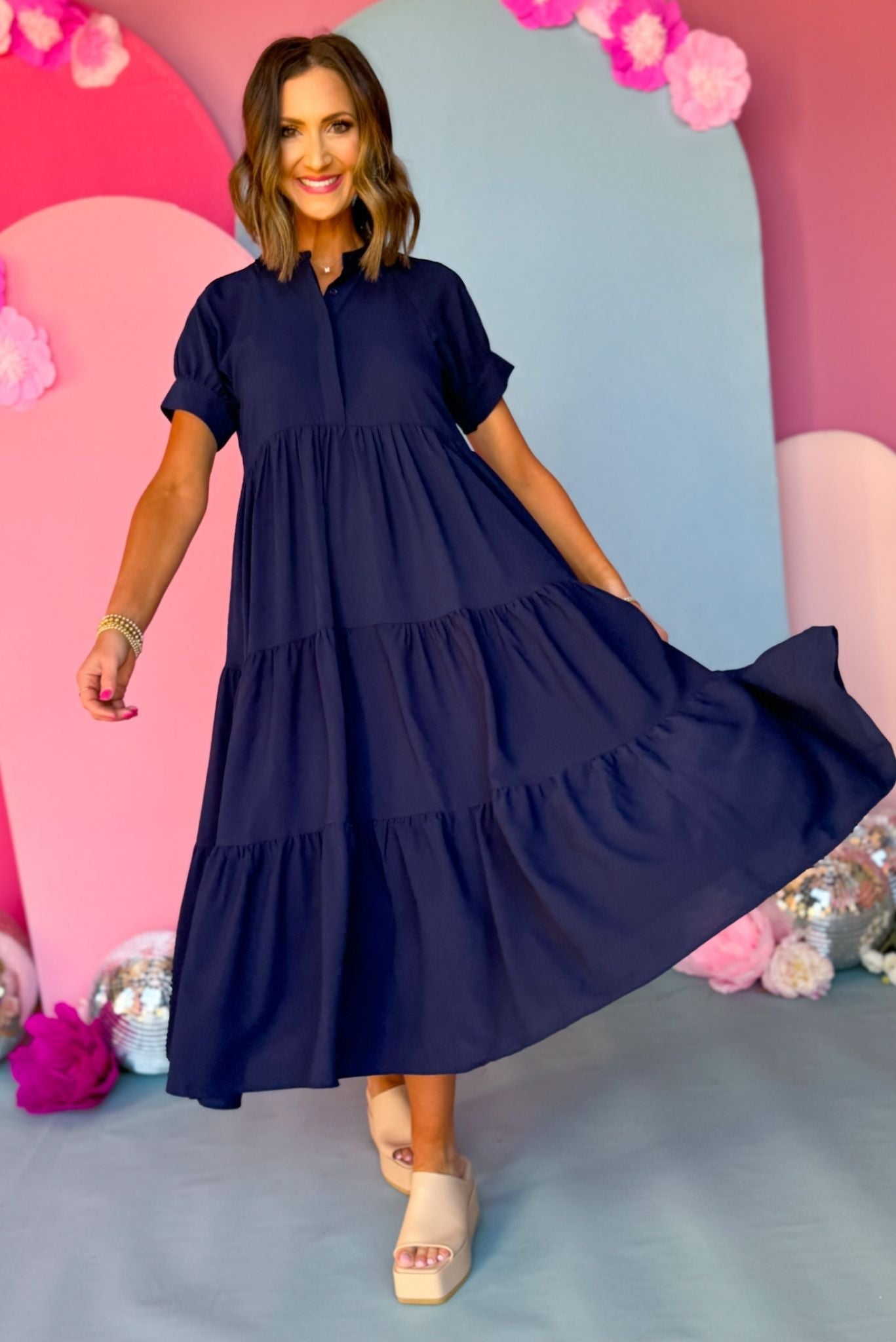 Button Front Tiered Short Sleeve Maxi Dress