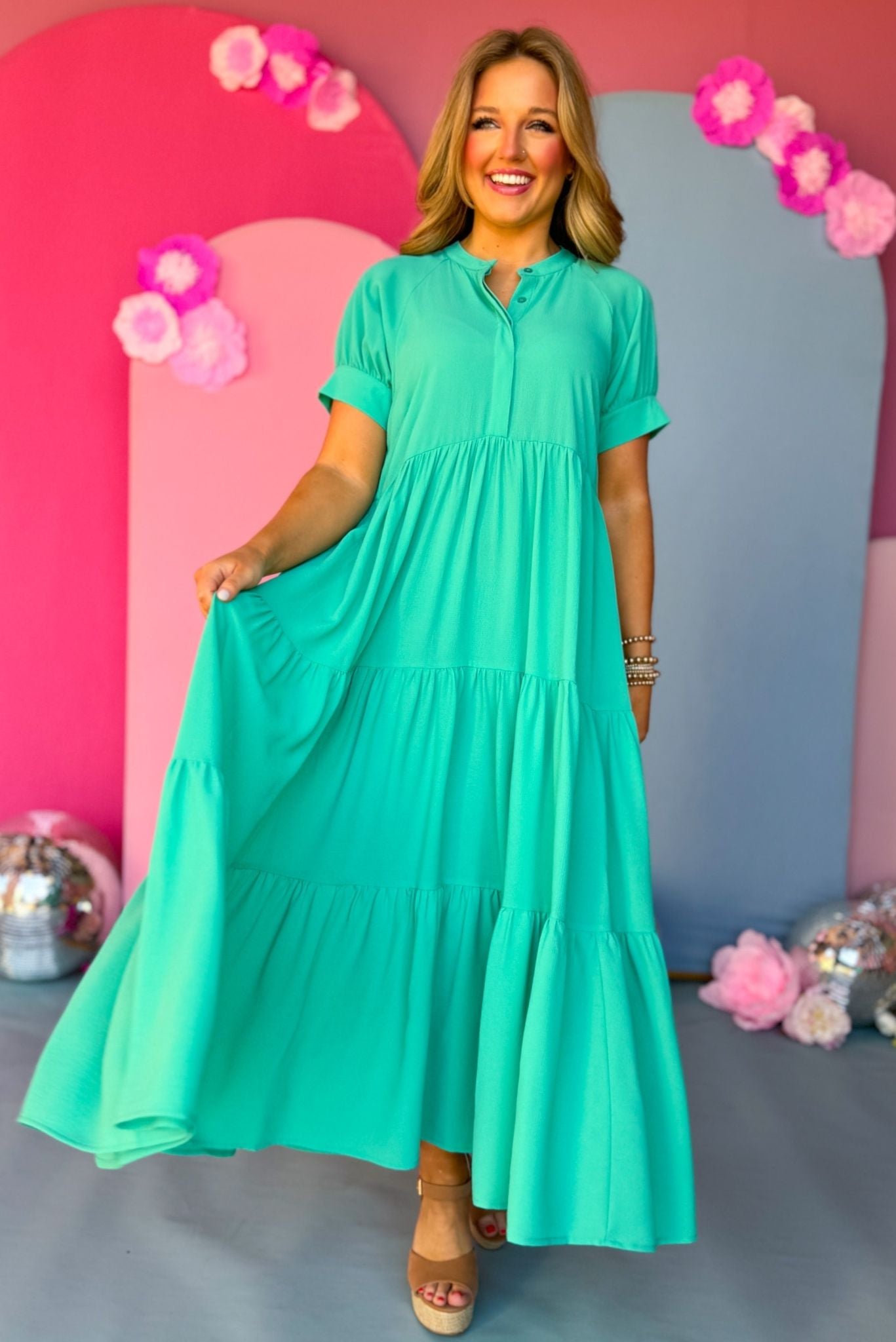 Button Front Tiered Short Sleeve Maxi Dress