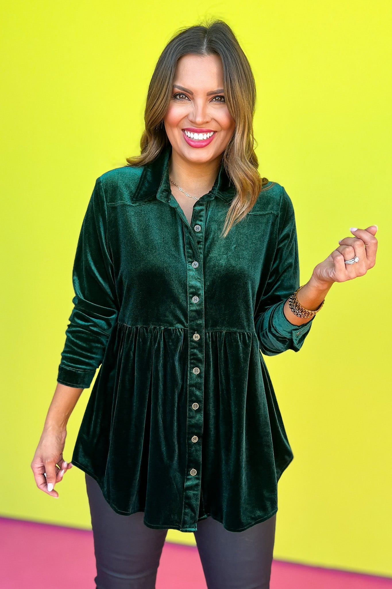Evergreen Button Down Pleated High Low Tunic Velvet Top