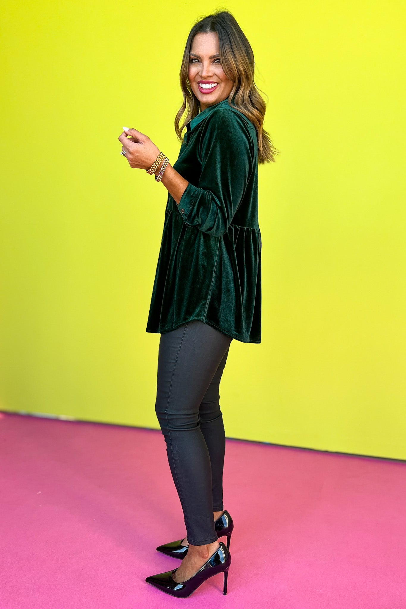 Evergreen Button Down Pleated High Low Tunic Velvet Top