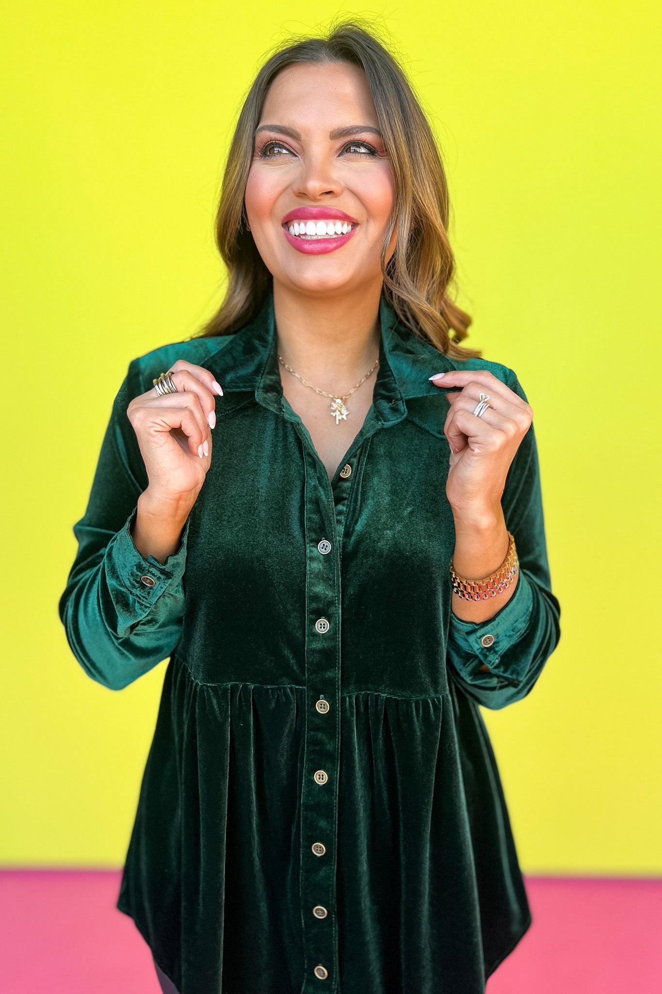 Evergreen Button Down Pleated High Low Tunic Velvet Top