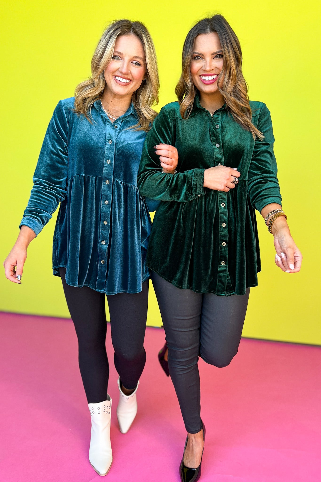 Evergreen Button Down Pleated High Low Tunic Velvet Top