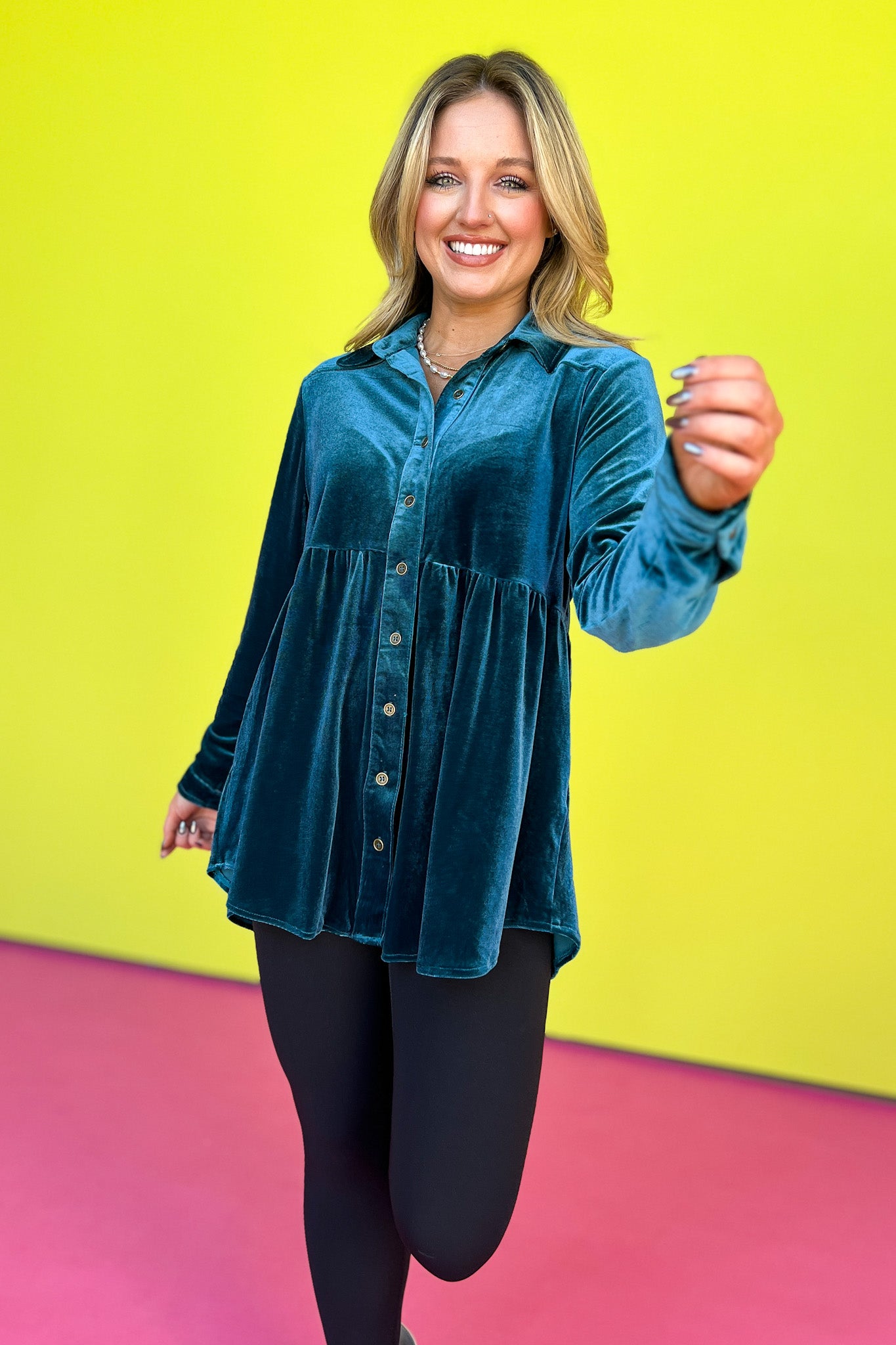 Evergreen Button Down Pleated High Low Tunic Velvet Top