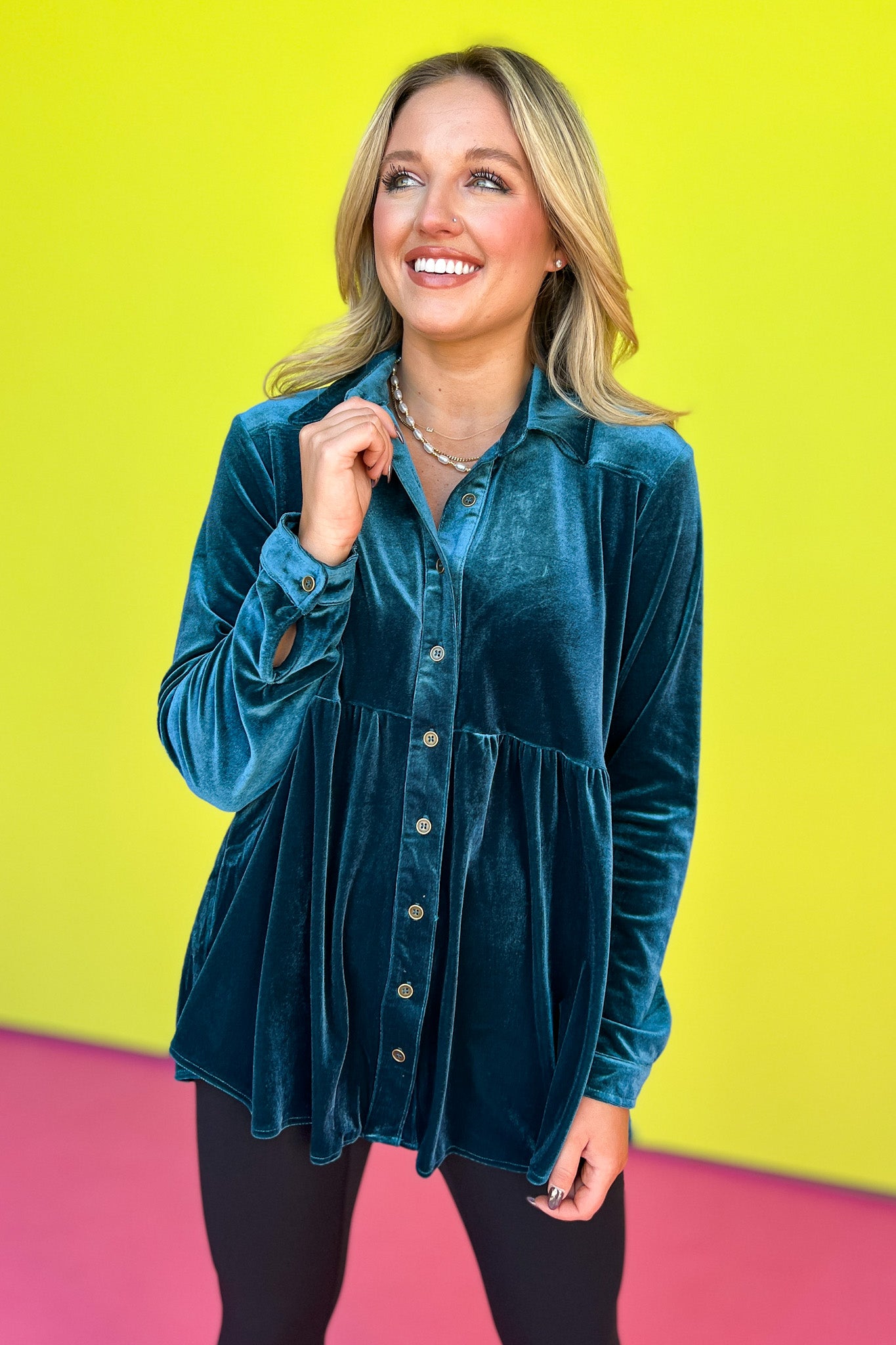 Evergreen Button Down Pleated High Low Tunic Velvet Top