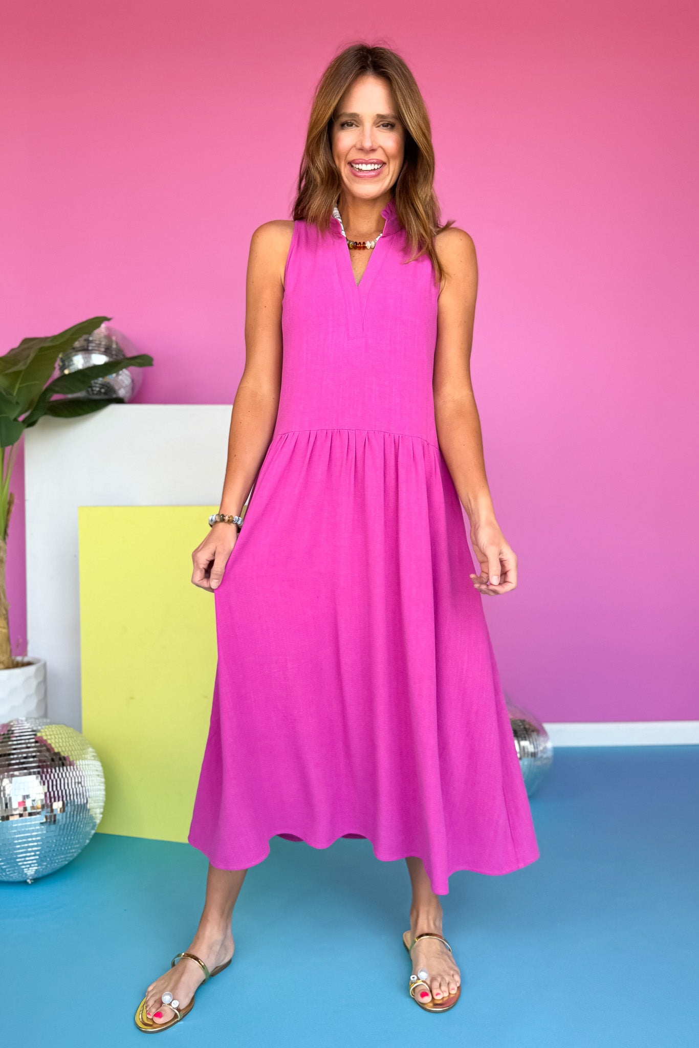 Helen Frill Neck Drop Waist Linen Maxi Dress