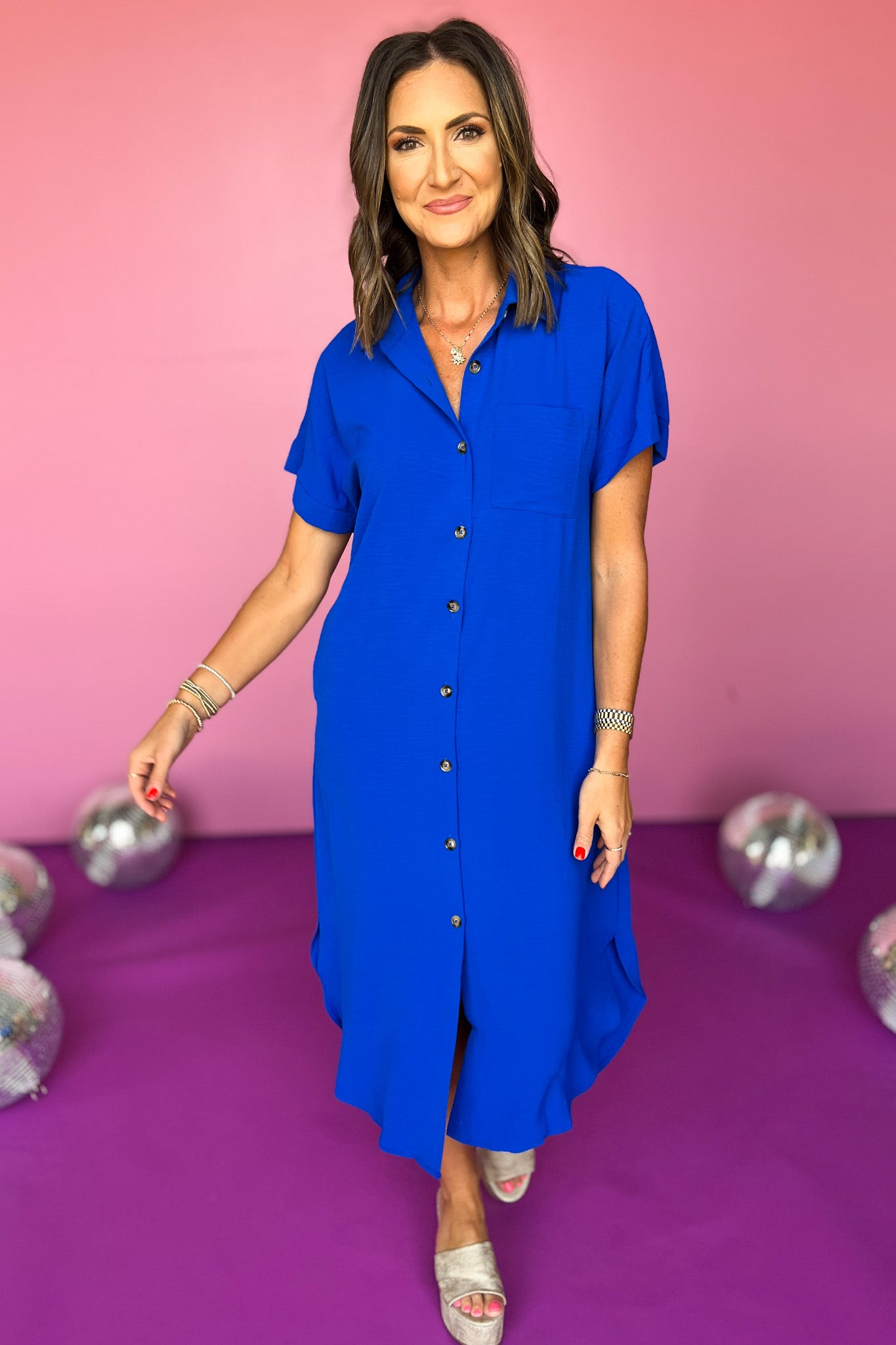 Button Down Short Kimono Sleeve Curved Hemline Midi Dress