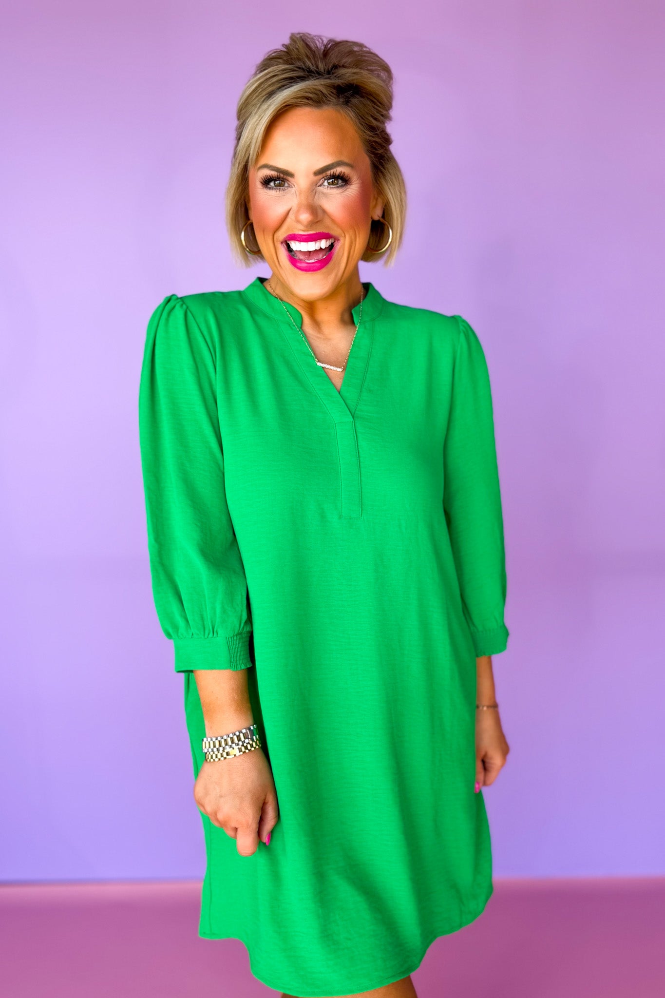 Split U Neck Three Quarter Peasant Sleeve Dress