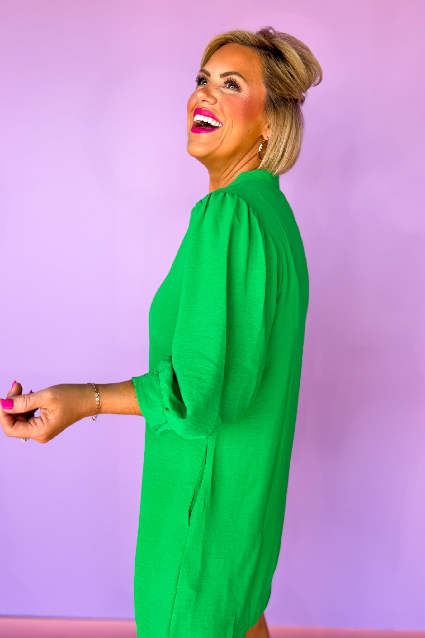 Split U Neck Three Quarter Peasant Sleeve Dress