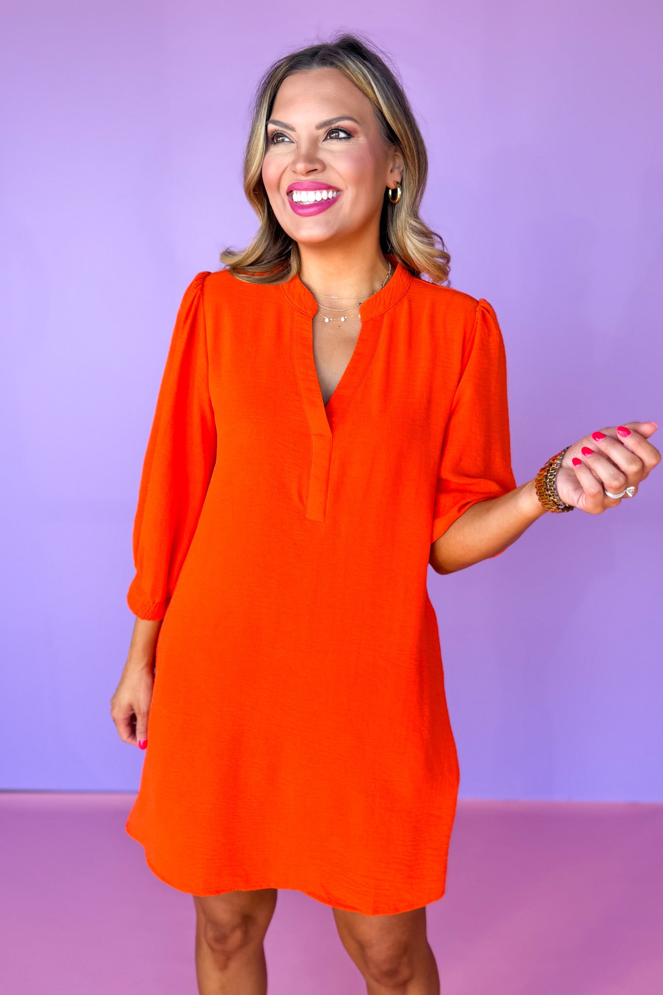 Split U Neck Three Quarter Peasant Sleeve Dress