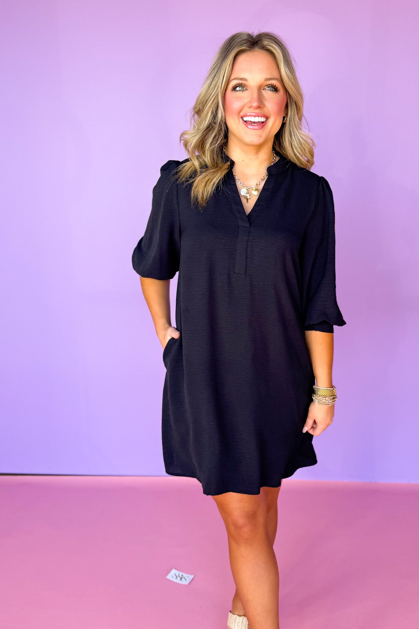 Split U Neck Three Quarter Peasant Sleeve Dress