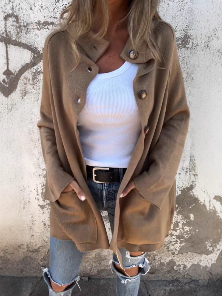 Turtleneck buttoned loose wool coat with pockets