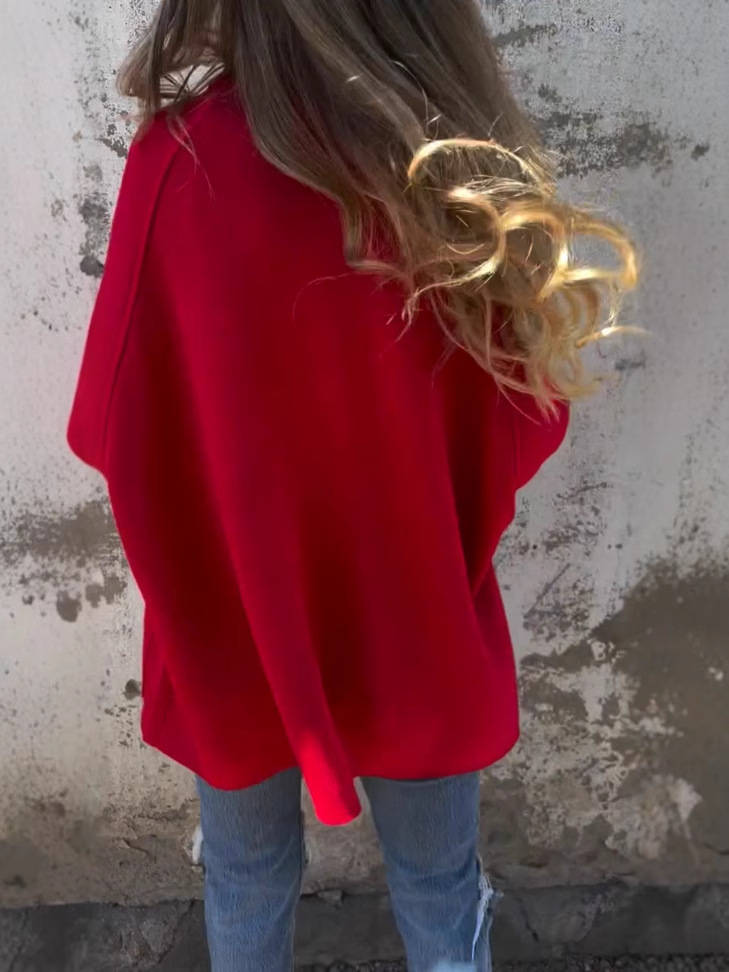 Turtleneck buttoned loose wool coat with pockets