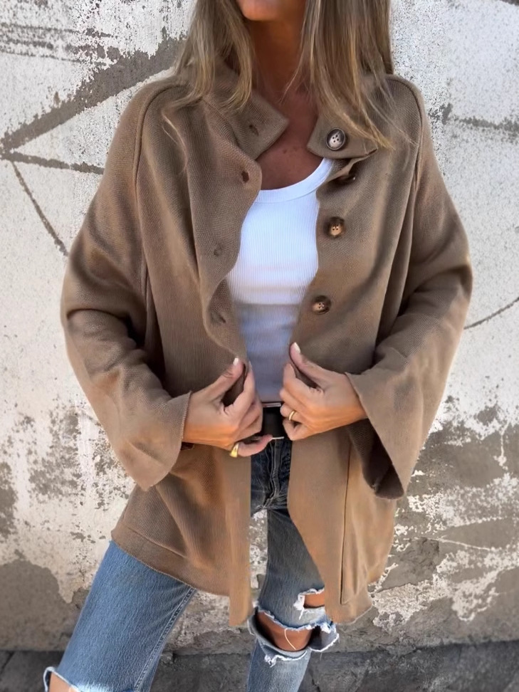 Turtleneck buttoned loose wool coat with pockets