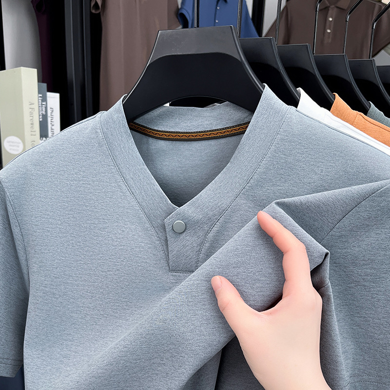 Business Henley Collar Top Short-Sleeved V-Neck Shirt