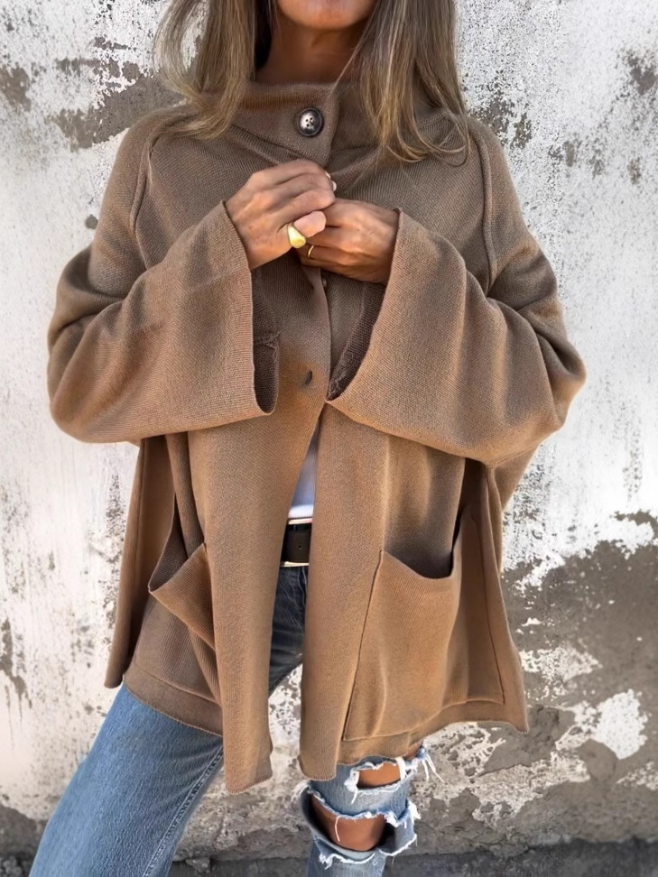 Turtleneck buttoned loose wool coat with pockets