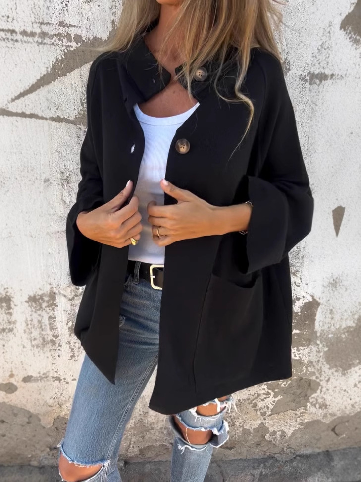 Turtleneck buttoned loose wool coat with pockets