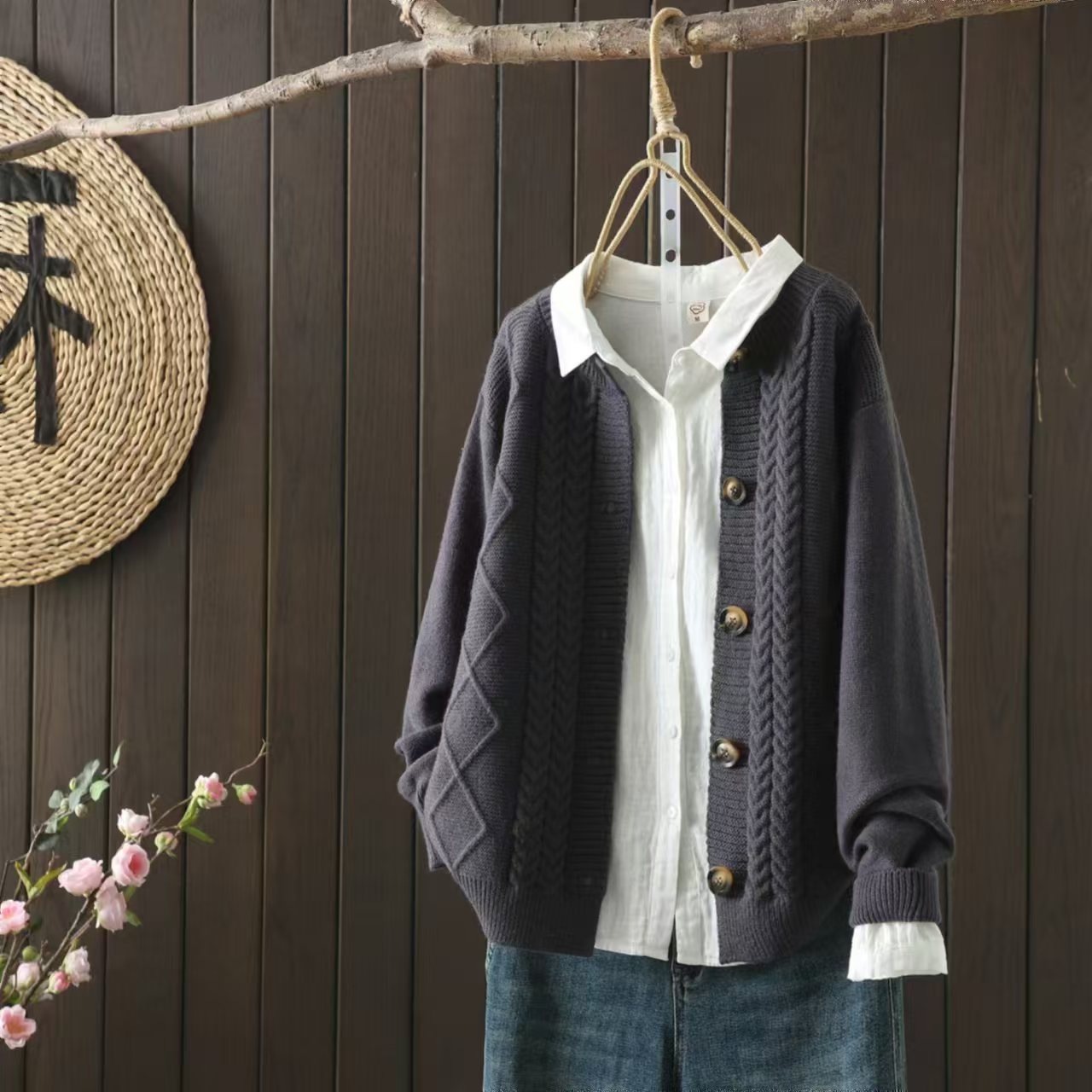 Jacquard knit cardigan button sweater