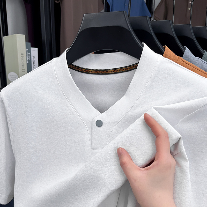 Business Henley Collar Top Short-Sleeved V-Neck Shirt