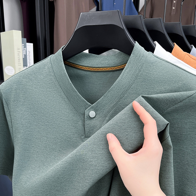 Business Henley Collar Top Short-Sleeved V-Neck Shirt