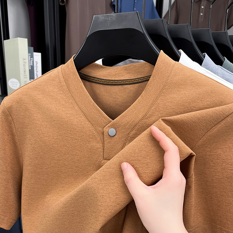 Business Henley Collar Top Short-Sleeved V-Neck Shirt