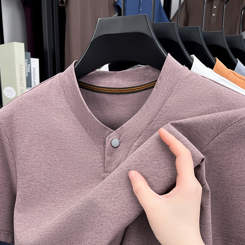 Business Henley Collar Top Short-Sleeved V-Neck Shirt