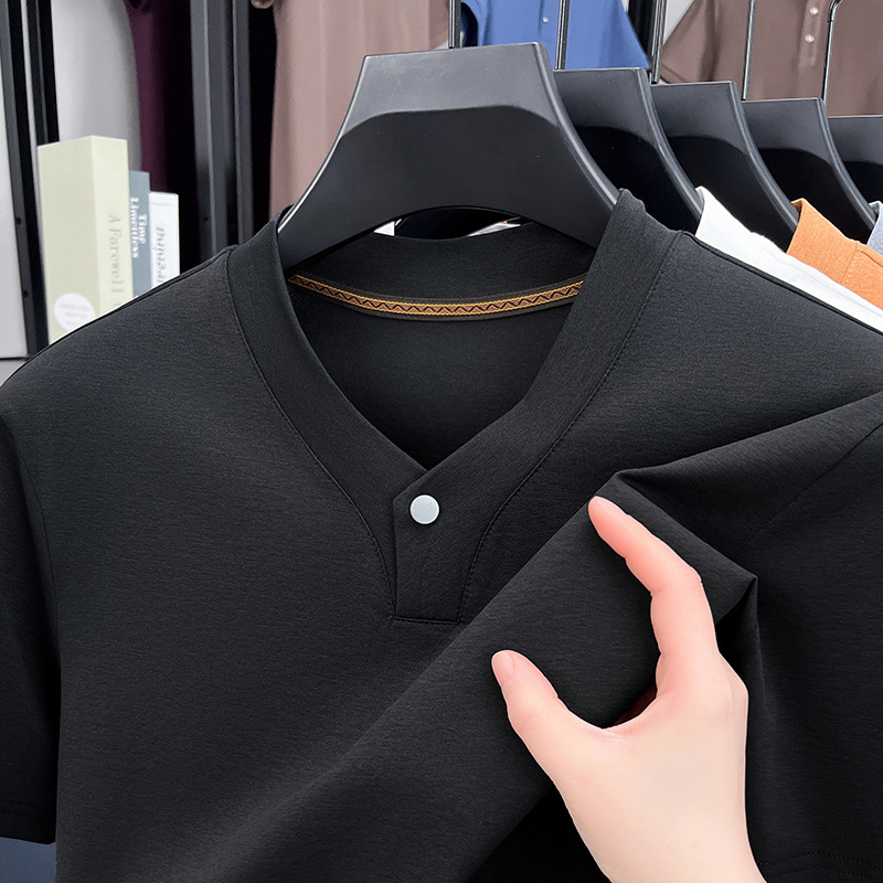 Business Henley Collar Top Short-Sleeved V-Neck Shirt