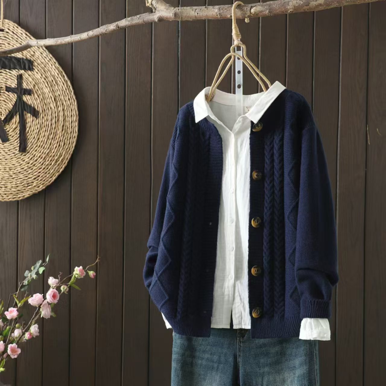 Jacquard knit cardigan button sweater