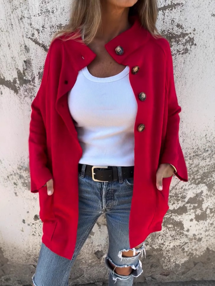 Turtleneck buttoned loose wool coat with pockets