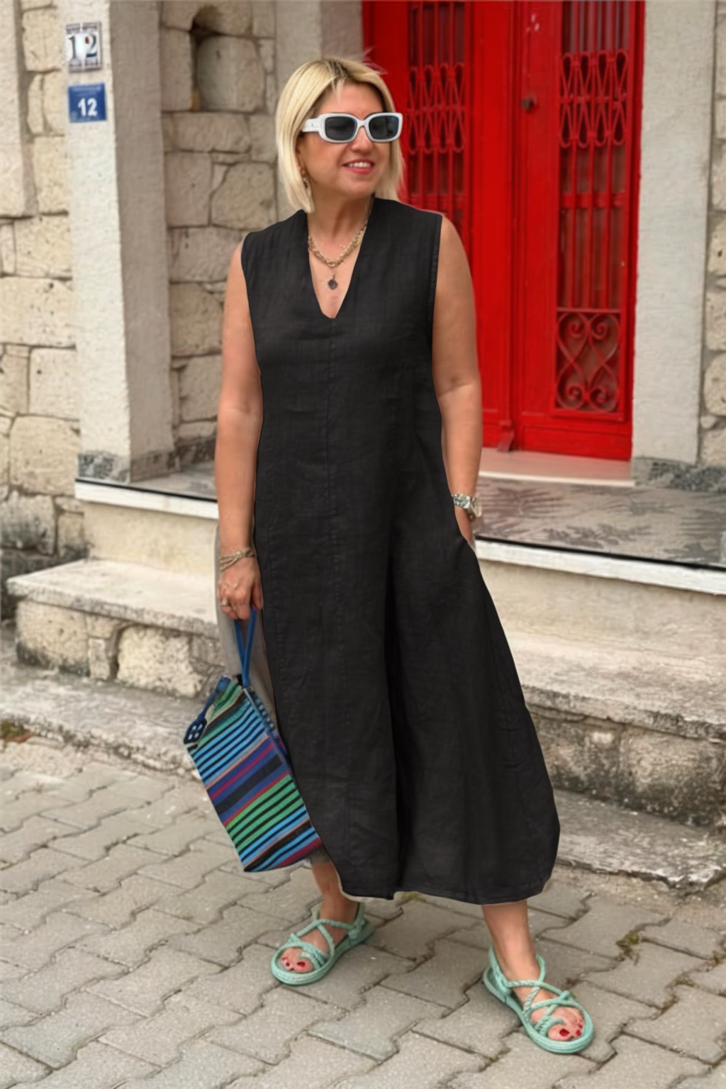 V Neck Back Detail Double Pocket Cotton Linen Dress