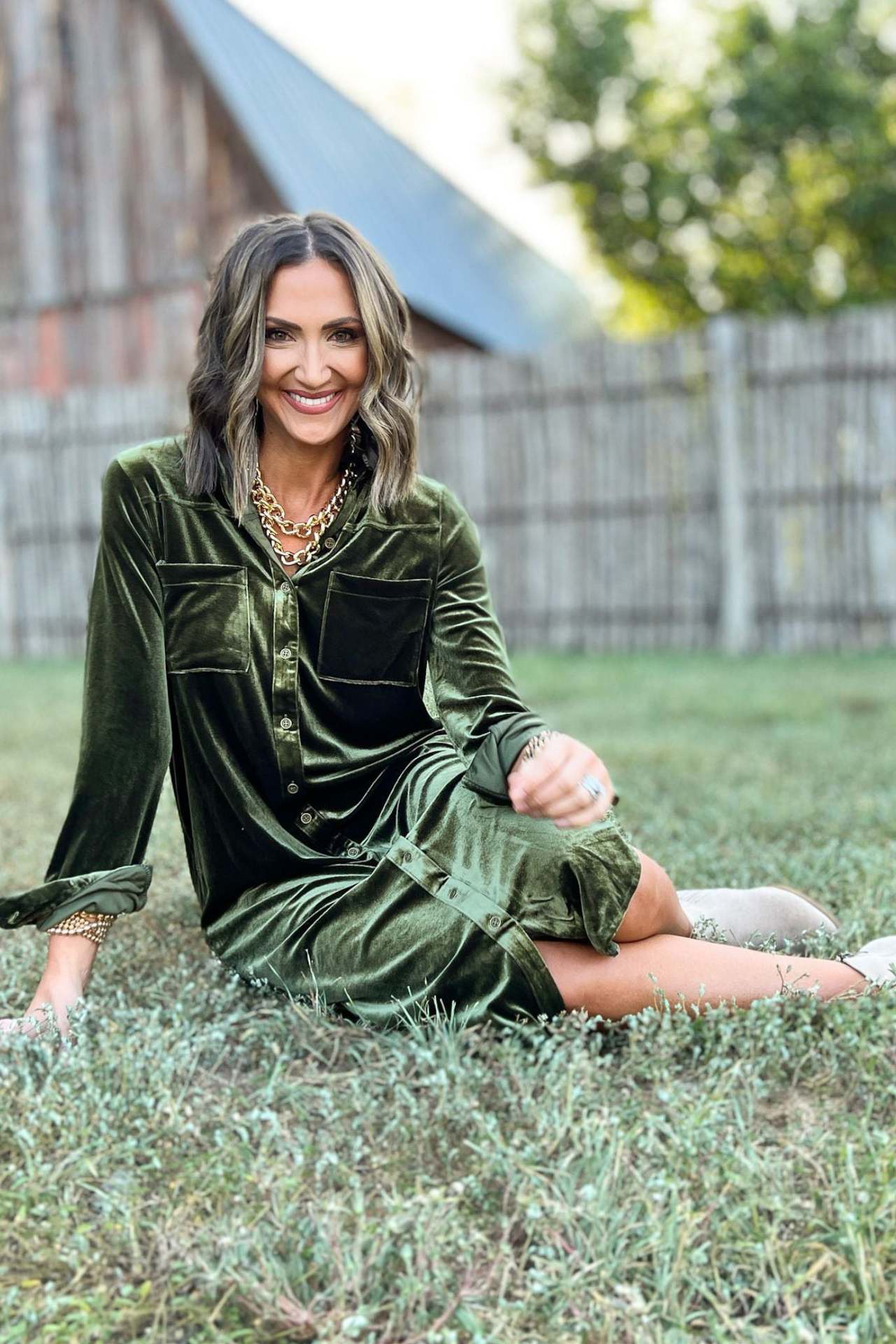 Olive Velvet Collared Button Down Midi Dress