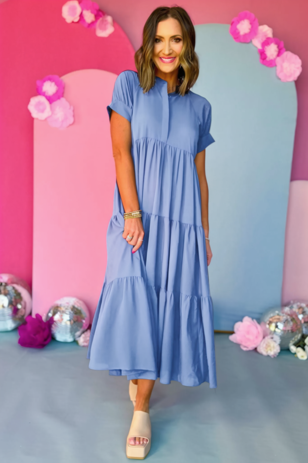 Button Front Tiered Short Sleeve Maxi Dress