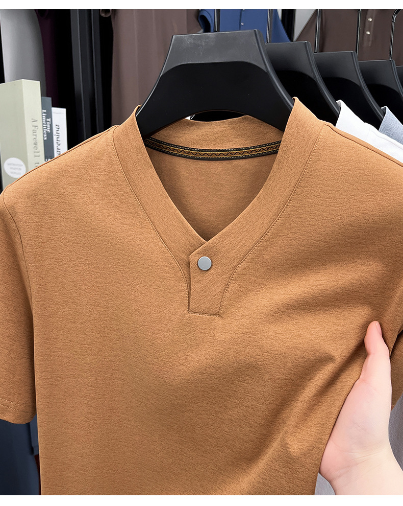 Business Henley Collar Top Short-Sleeved V-Neck Shirt