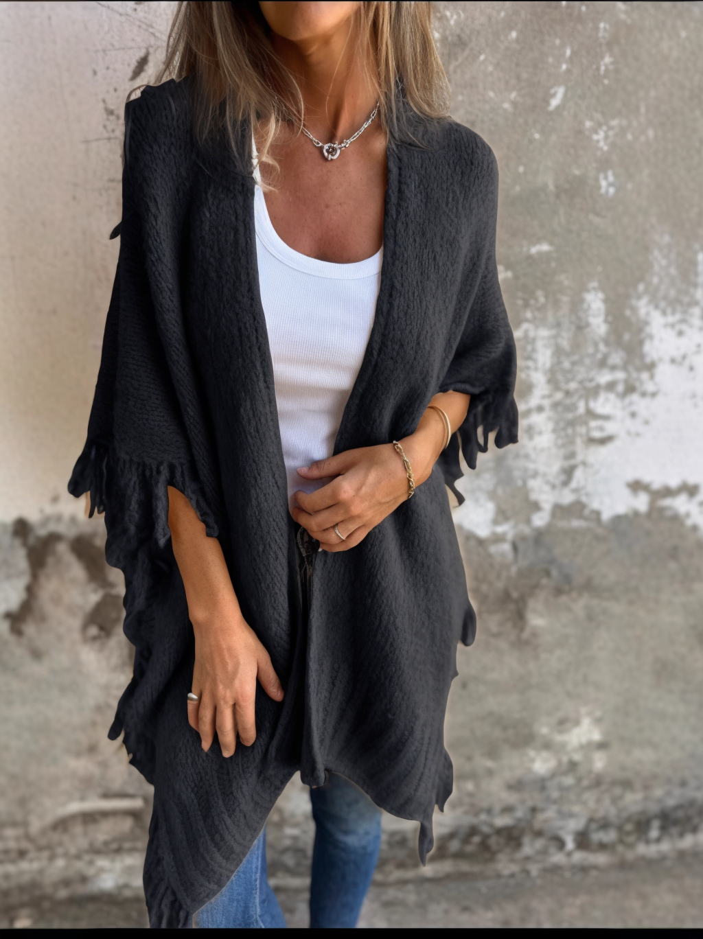 Women's Long Sleeve Casual Tassel Shawl Coat