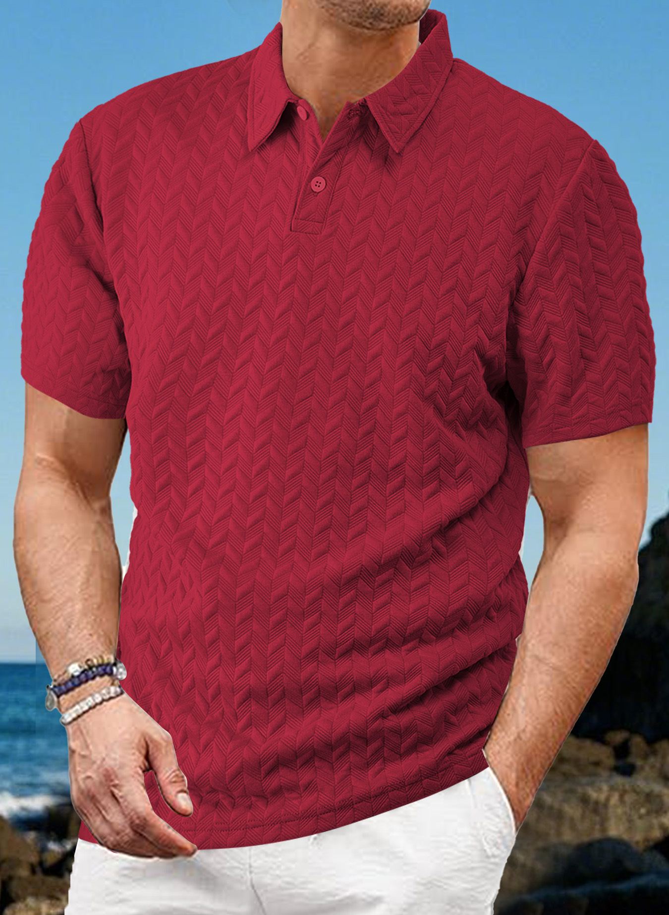 Casual solid color breathable jacquard POLO shirt