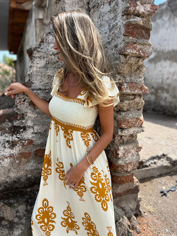 V-Neck Print Maxi Dress With Pockets