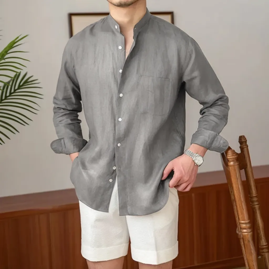 Casual Linen long-sleeved shirt versatile holiday stand-up collar shirt Henry Collar Top