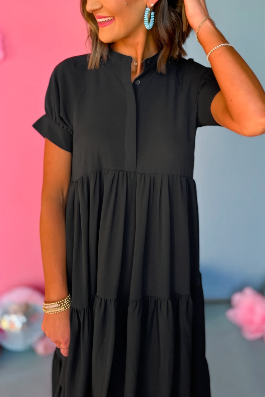 Button Front Tiered Short Sleeve Maxi Dress