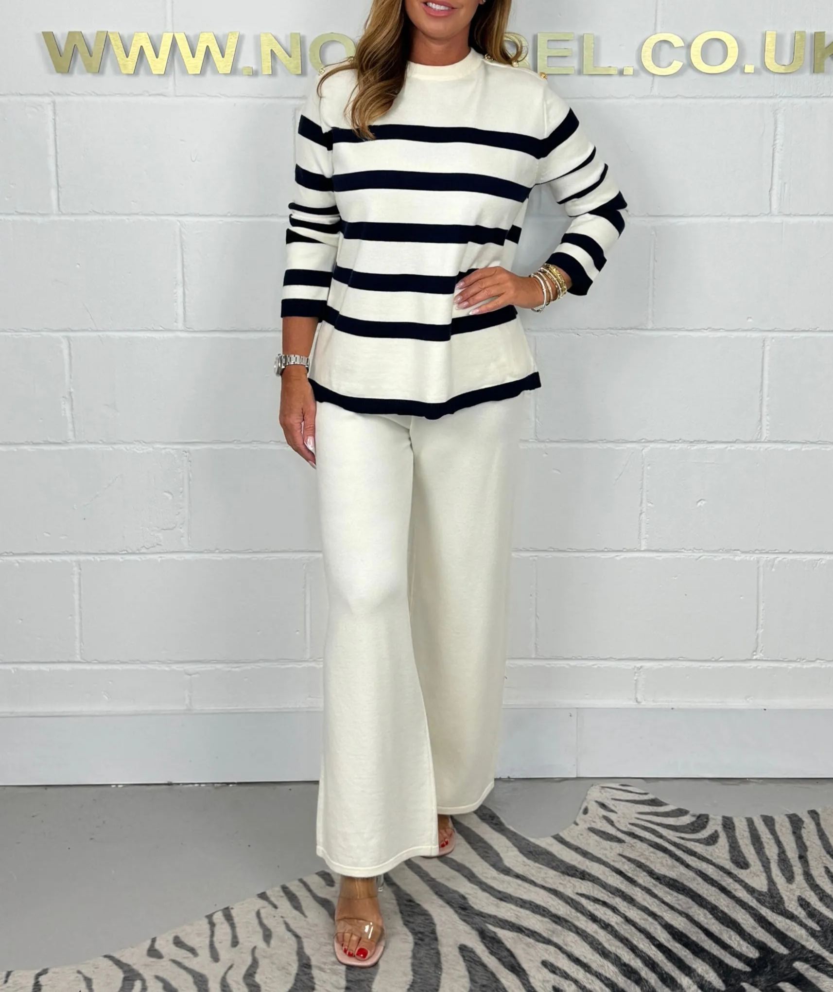 Fine Knit Striped Jumper & Wide Leg Trouser Co Ord (4 Colours)