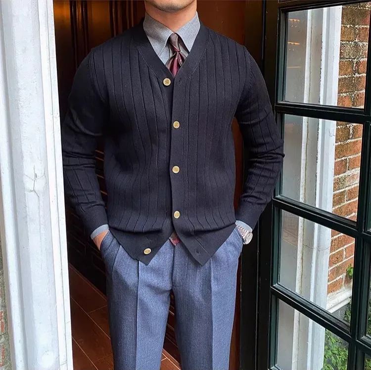 Men's Business Knit Cardigan Casual V-neck Button Sweater