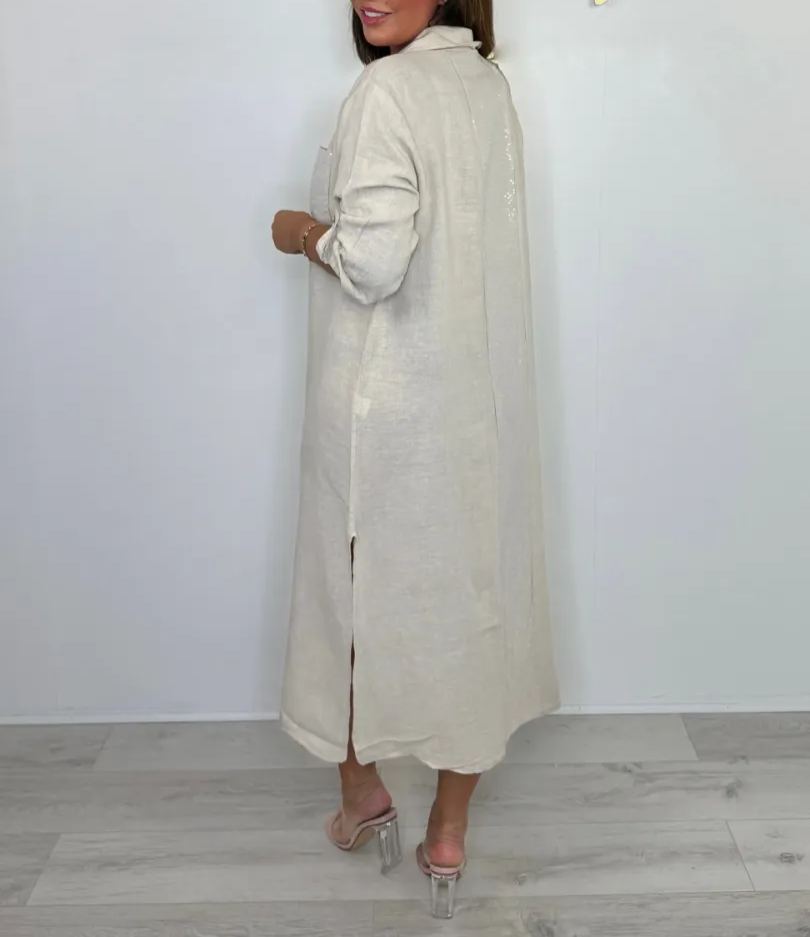 Sequin Pocket & Back Detail Linen Shirt Dress