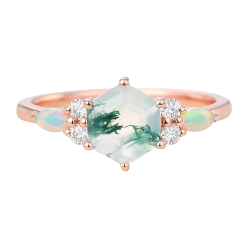 Juyoyo Vintage Hexagon Cut Moss Agate Rose Gold Engagement Ring