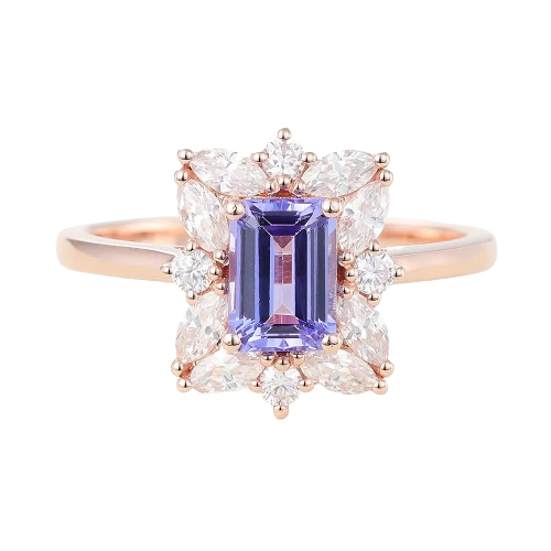 Juyoyo Emerald Cut Tanzanite Rose Gold Vintage Halo Engagement Ring