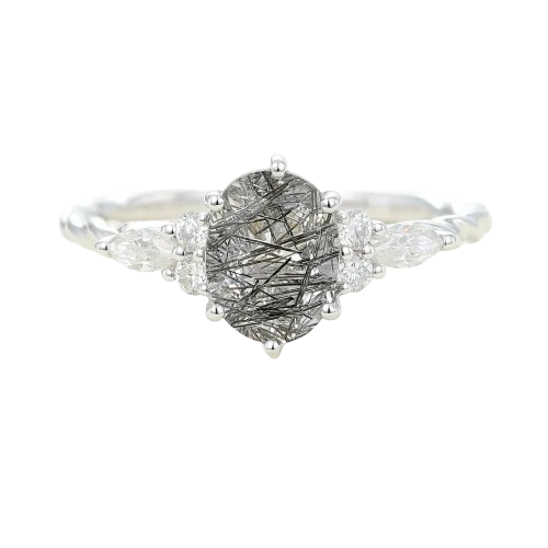 Juyoyo Oval Cut Black Rutilated Quartz White Gold Engagement Ring